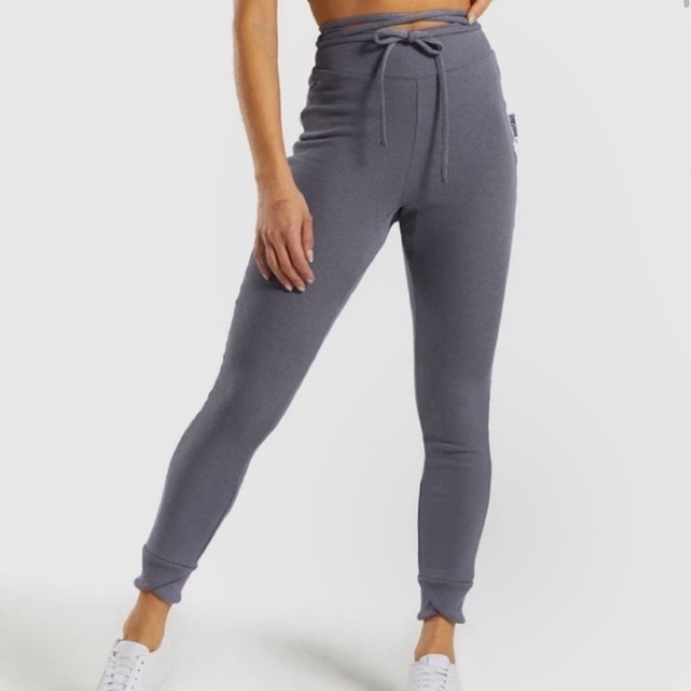 Gymshark | Slounge Ribbed Wraparound Waist Tie Pants Grey Size XS